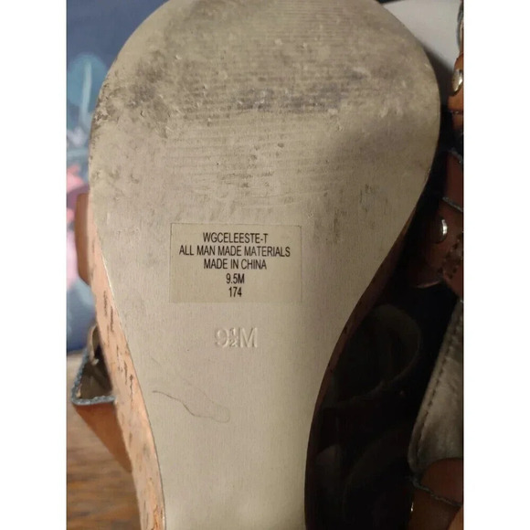 Guess Women's 9.5M Strappy Studded Brown Cork Wedge Platform Sandals - Picture 6 of 6